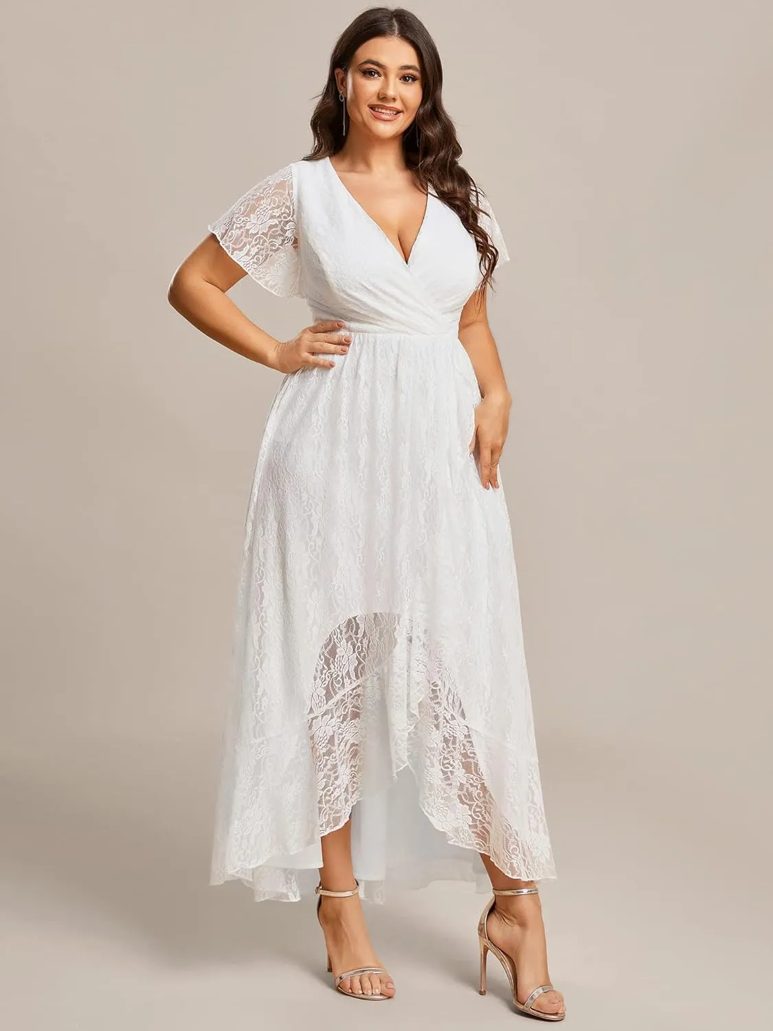 Ever-Pretty Plus Women's V Neck Ruffles Sleeves Lace Summer Plus Size Semi Formal Dress for Curvy Women 01489-DA