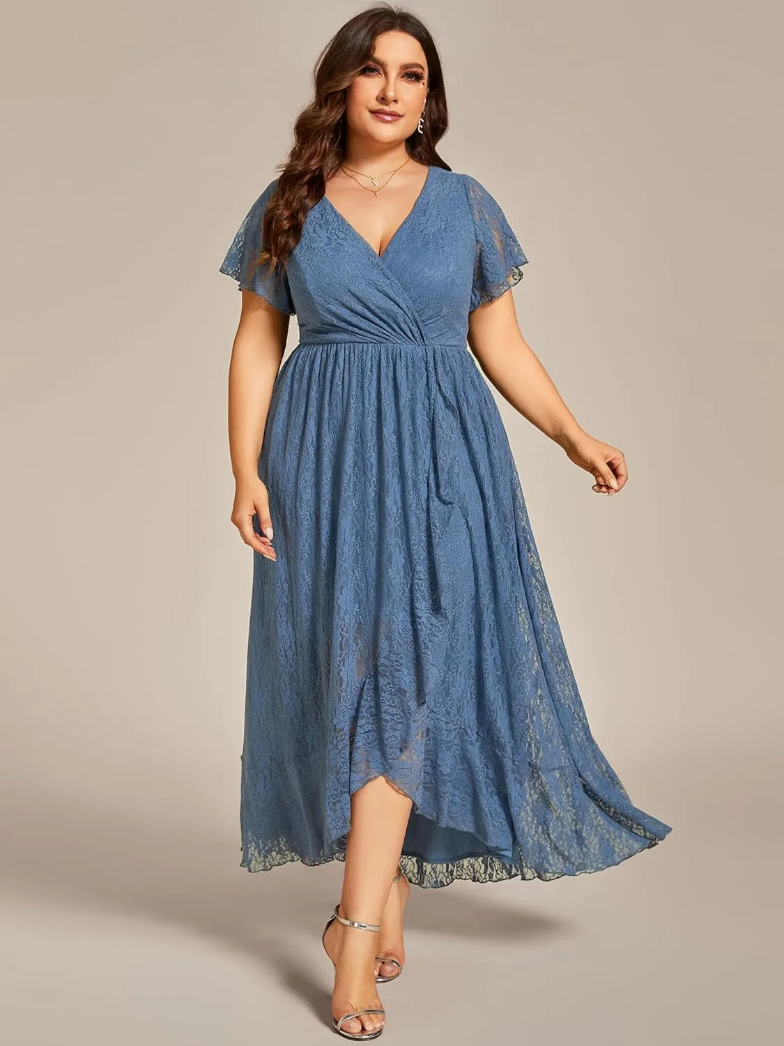 Ever-Pretty Plus Women's V Neck Ruffles Sleeves Lace Summer Plus Size Semi Formal Dress for Curvy Women 01489-DA