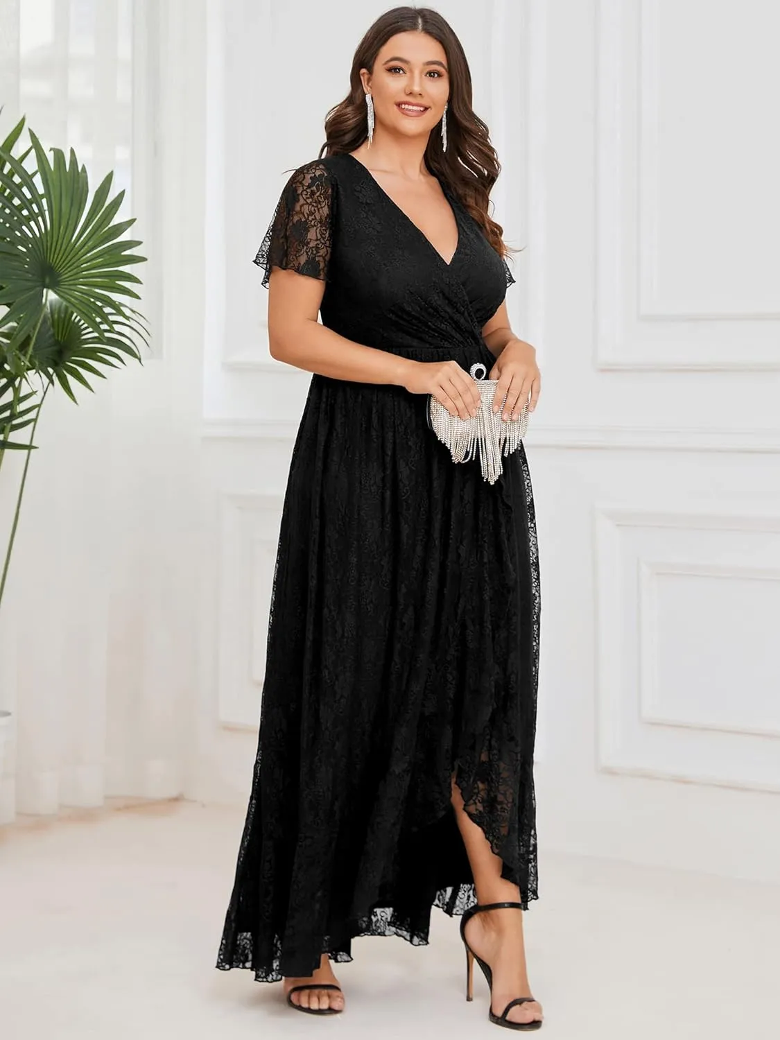 Ever-Pretty Plus Women's V Neck Ruffles Sleeves Lace Summer Plus Size Semi Formal Dress for Curvy Women 01489-DA