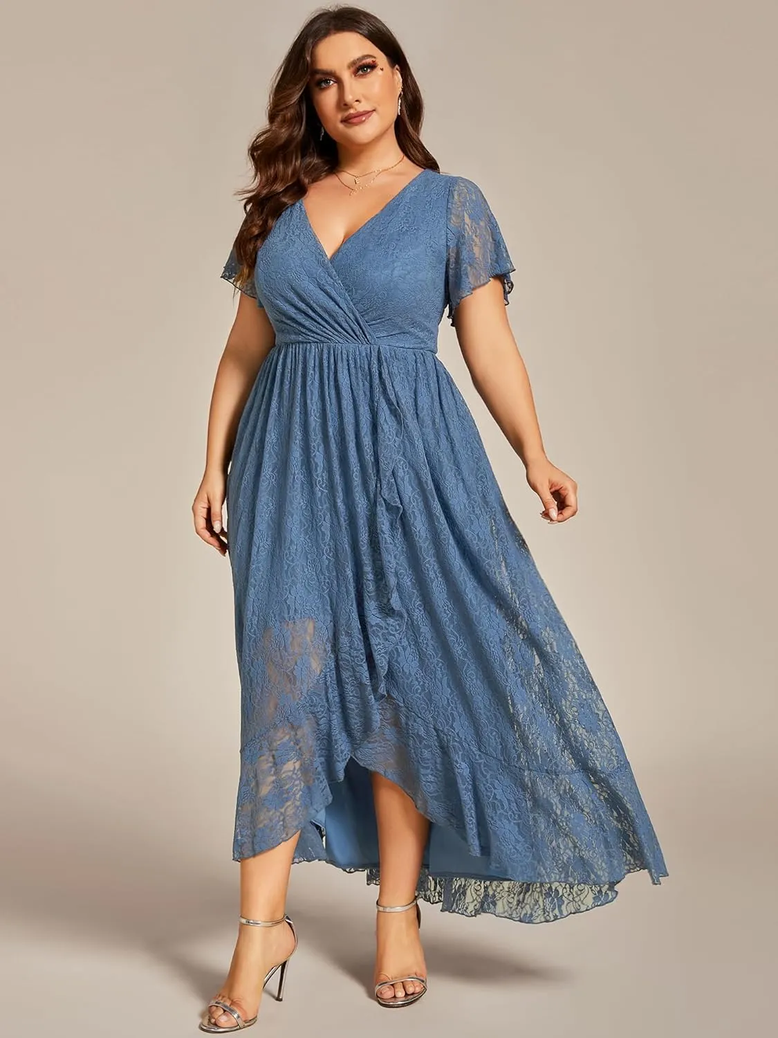Ever-Pretty Plus Women's V Neck Ruffles Sleeves Lace Summer Plus Size Semi Formal Dress for Curvy Women 01489-DA