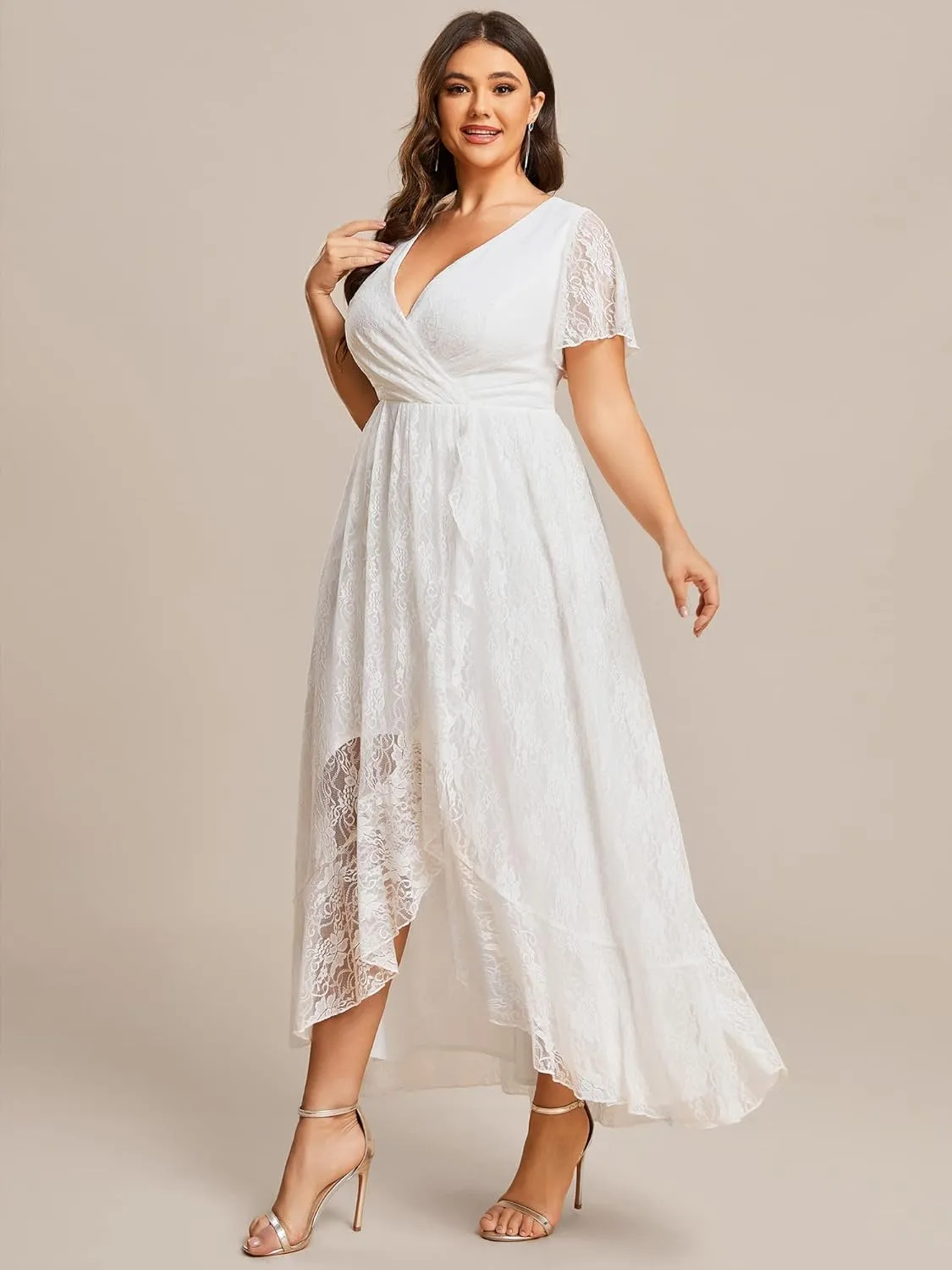 Ever-Pretty Plus Women's V Neck Ruffles Sleeves Lace Summer Plus Size Semi Formal Dress for Curvy Women 01489-DA