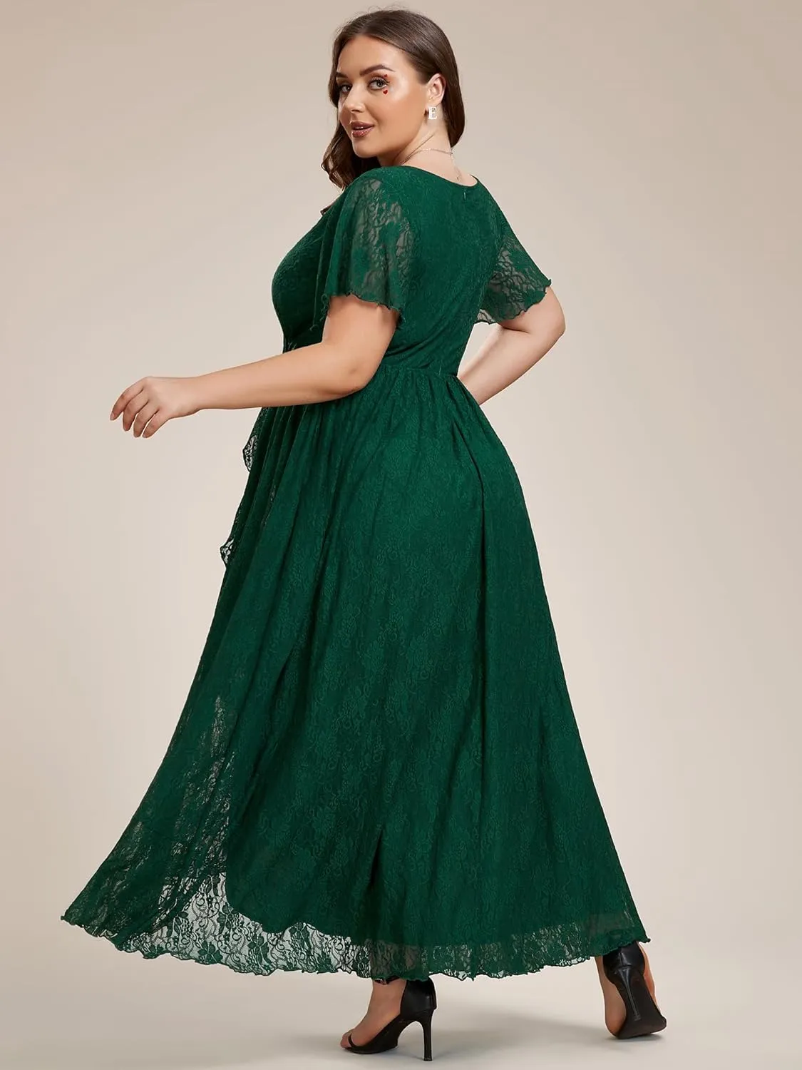 Ever-Pretty Plus Women's V Neck Ruffles Sleeves Lace Summer Plus Size Semi Formal Dress for Curvy Women 01489-DA