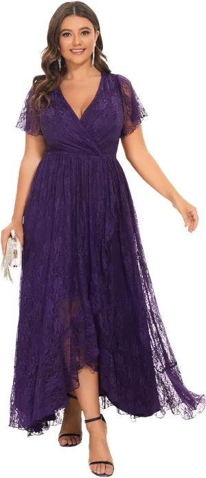 Ever-Pretty Plus Women's V Neck Ruffles Sleeves Lace Summer Plus Size Semi Formal Dress for Curvy Women 01489-DA