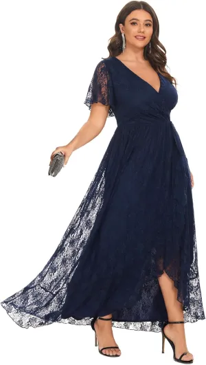 Ever-Pretty Plus Women's V Neck Ruffles Sleeves Lace Summer Plus Size Semi Formal Dress for Curvy Women 01489-DA