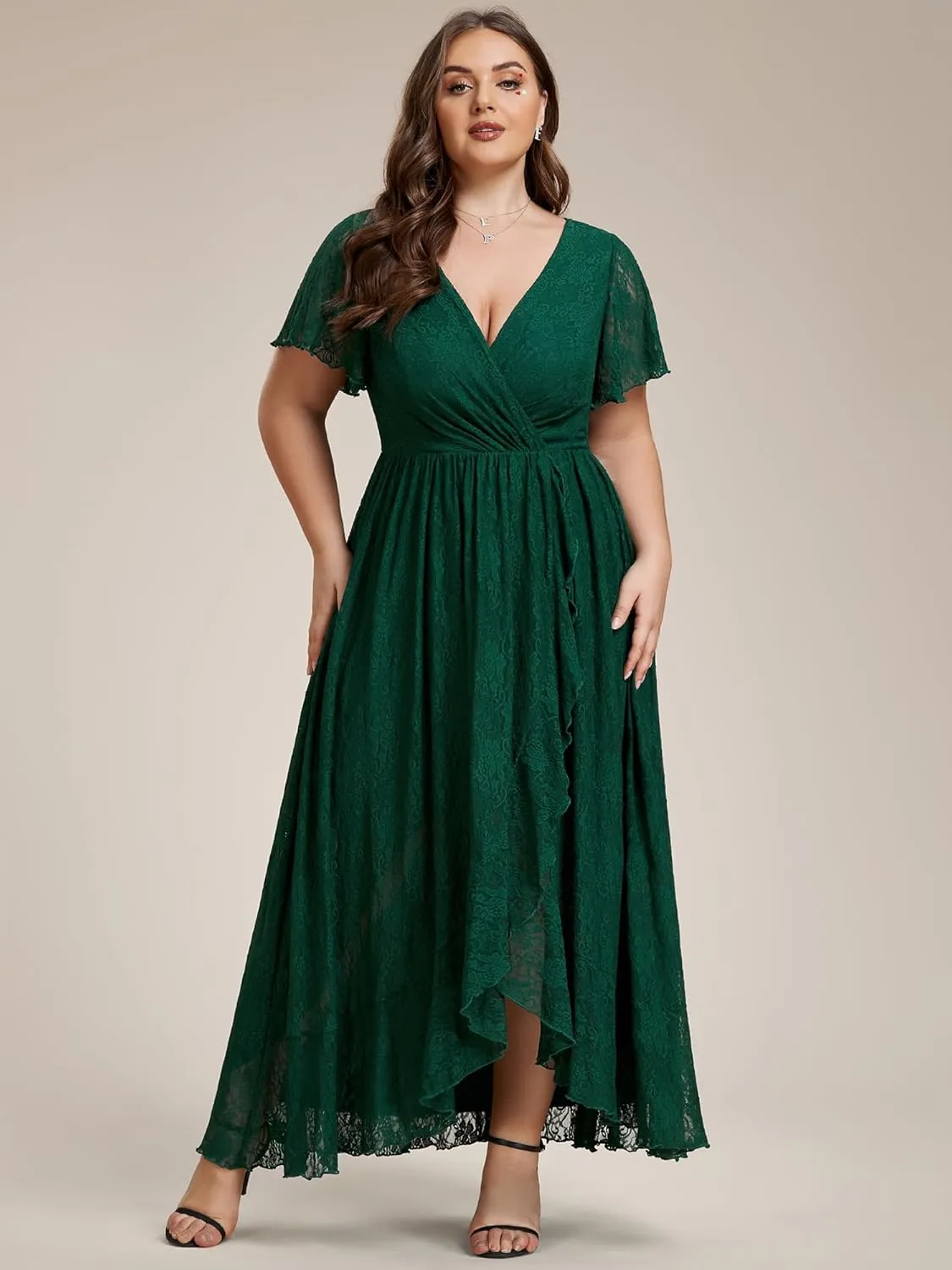 Ever-Pretty Plus Women's V Neck Ruffles Sleeves Lace Summer Plus Size Semi Formal Dress for Curvy Women 01489-DA
