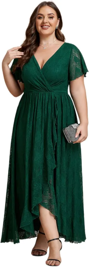 Ever-Pretty Plus Women's V Neck Ruffles Sleeves Lace Summer Plus Size Semi Formal Dress for Curvy Women 01489-DA