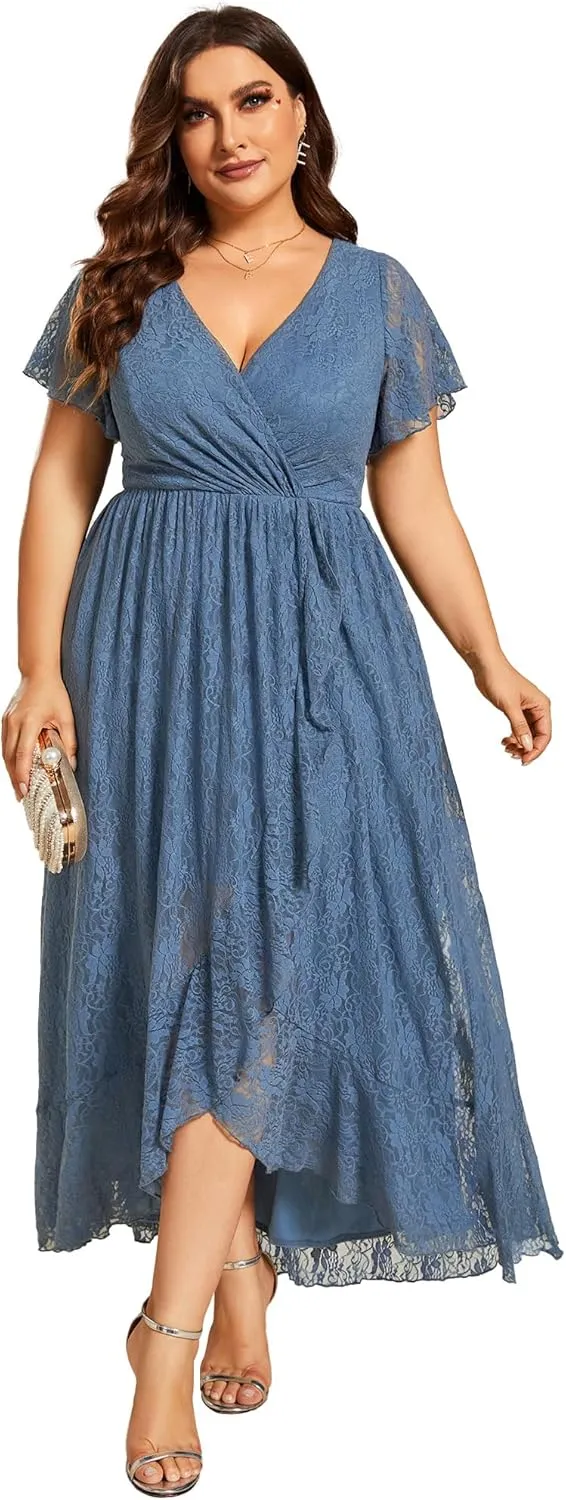 Ever-Pretty Plus Women's V Neck Ruffles Sleeves Lace Summer Plus Size Semi Formal Dress for Curvy Women 01489-DA