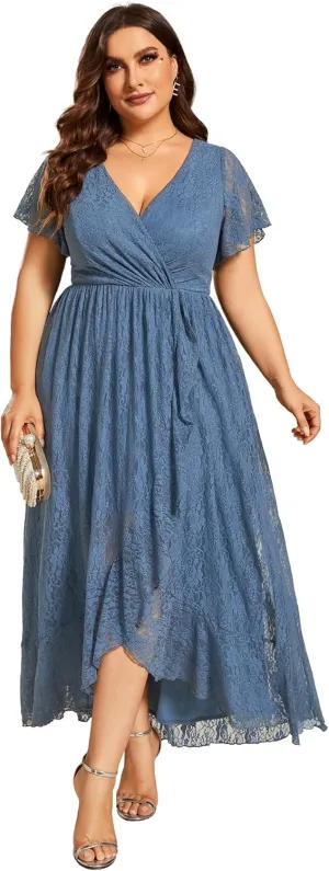 Ever-Pretty Plus Women's V Neck Ruffles Sleeves Lace Summer Plus Size Semi Formal Dress for Curvy Women 01489-DA