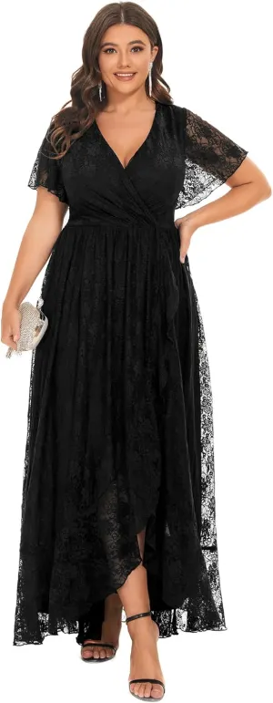 Ever-Pretty Plus Women's V Neck Ruffles Sleeves Lace Summer Plus Size Semi Formal Dress for Curvy Women 01489-DA