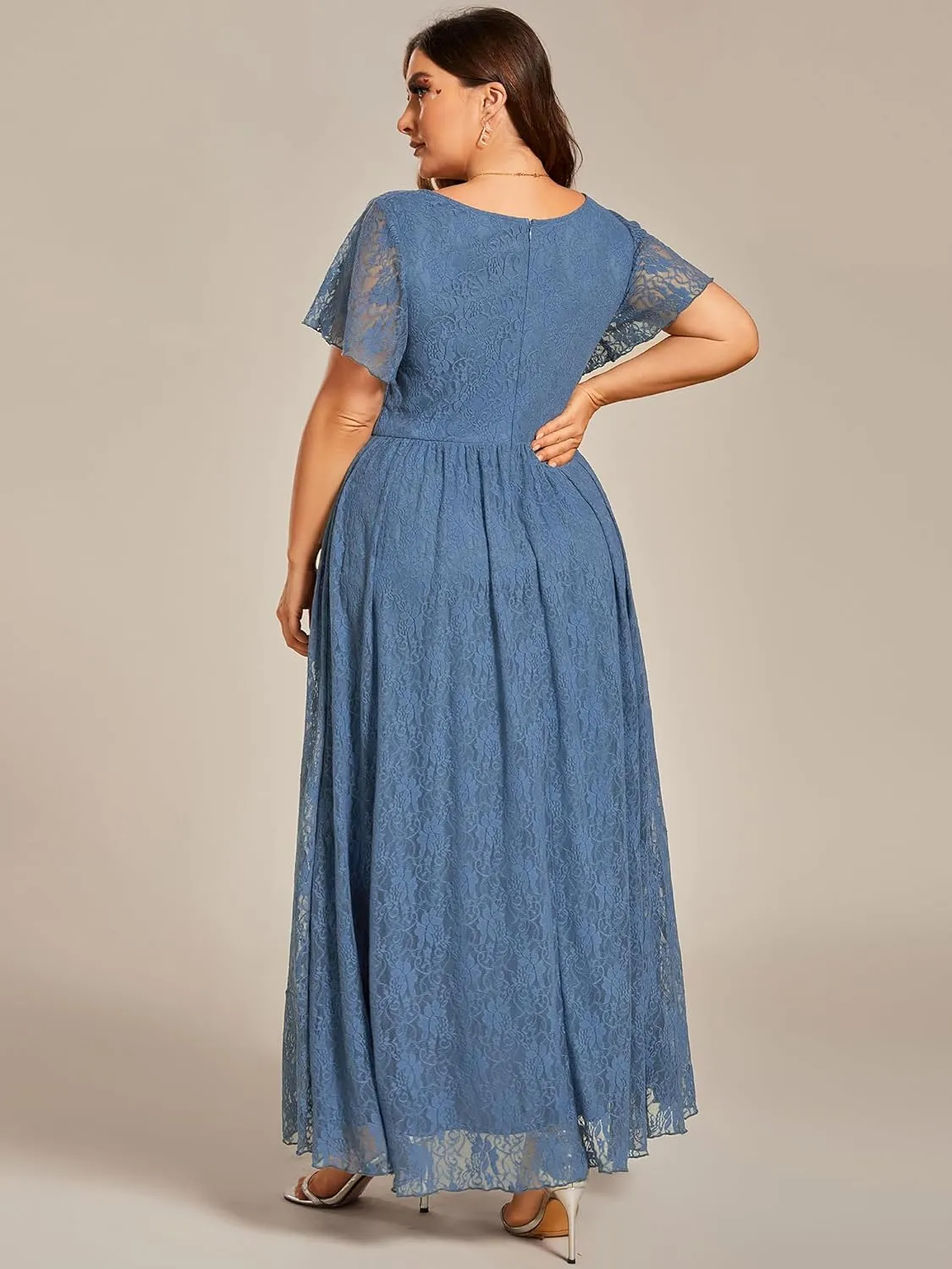 Ever-Pretty Plus Women's V Neck Ruffles Sleeves Lace Summer Plus Size Semi Formal Dress for Curvy Women 01489-DA