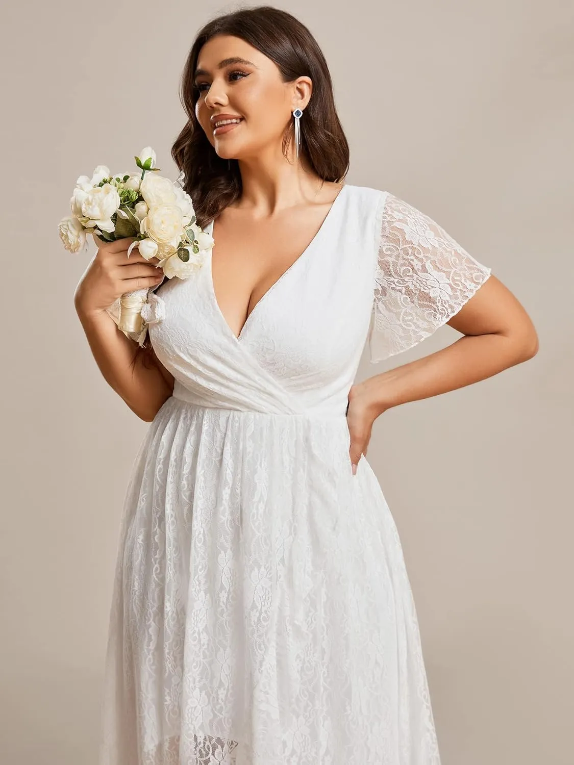 Ever-Pretty Plus Women's V Neck Ruffles Sleeves Lace Summer Plus Size Semi Formal Dress for Curvy Women 01489-DA