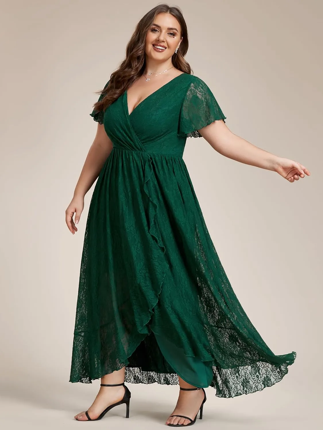 Ever-Pretty Plus Women's V Neck Ruffles Sleeves Lace Summer Plus Size Semi Formal Dress for Curvy Women 01489-DA