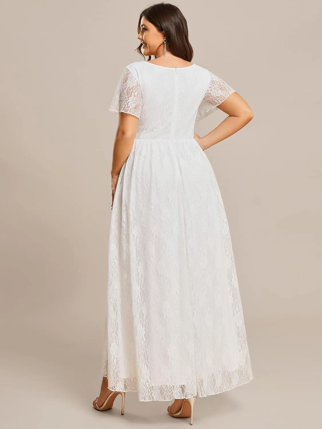 Ever-Pretty Plus Women's V Neck Ruffles Sleeves Lace Summer Plus Size Semi Formal Dress for Curvy Women 01489-DA