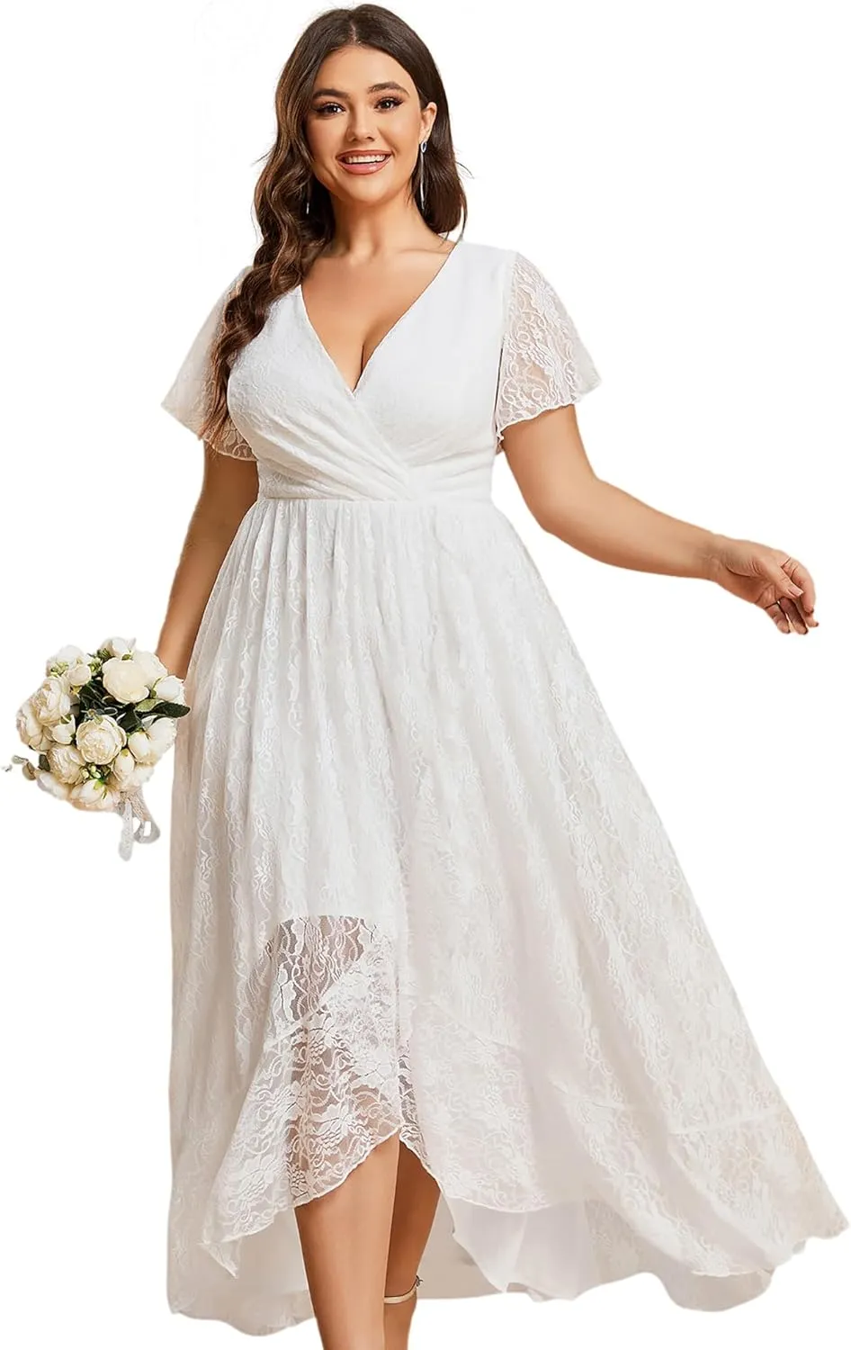 Ever-Pretty Plus Women's V Neck Ruffles Sleeves Lace Summer Plus Size Semi Formal Dress for Curvy Women 01489-DA