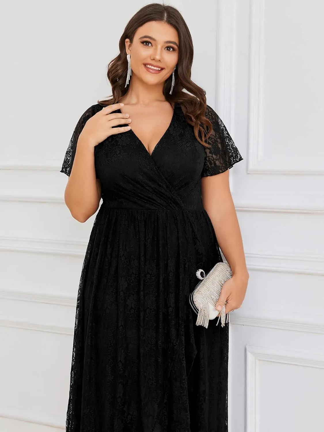 Ever-Pretty Plus Women's V Neck Ruffles Sleeves Lace Summer Plus Size Semi Formal Dress for Curvy Women 01489-DA