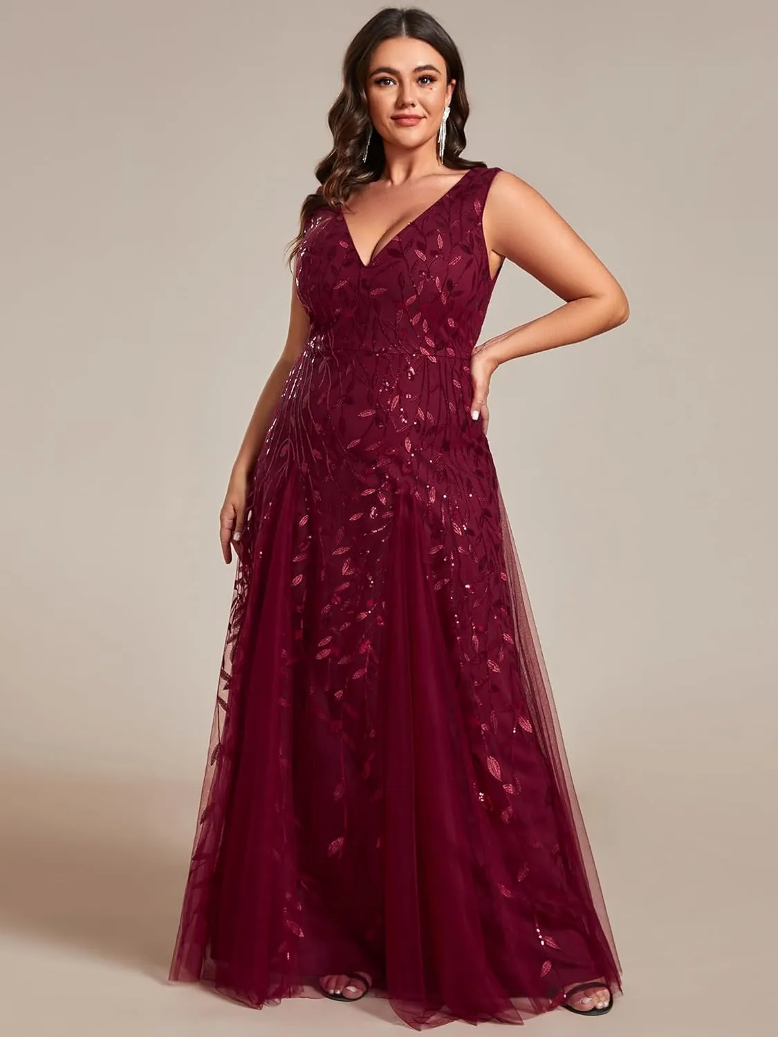 Ever-Pretty Plus Women's V Neck Sleeveless Embroidery A Line Plus Size Floor Length Evening Dresses 02130-DAPH