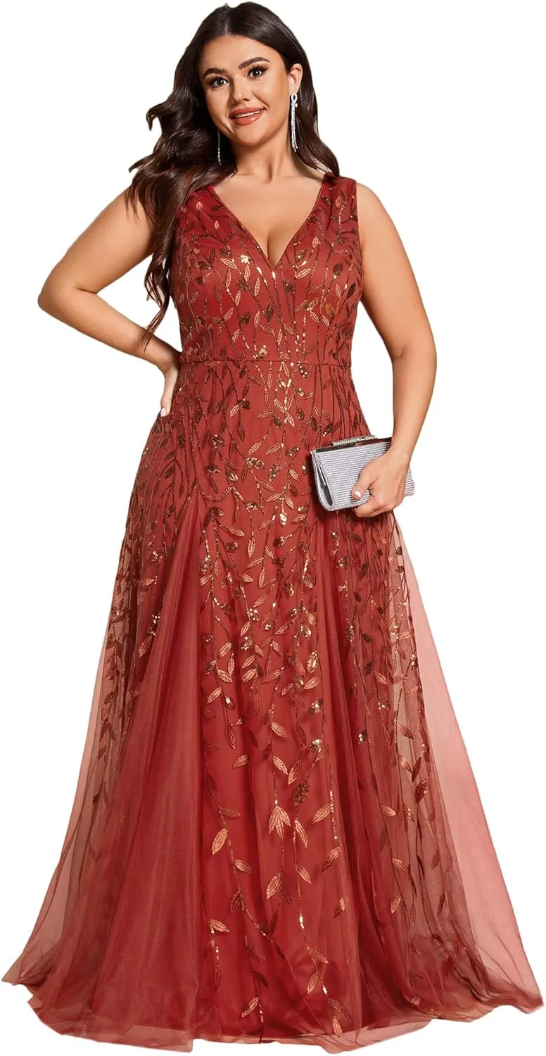 Ever-Pretty Plus Women's V Neck Sleeveless Embroidery A Line Plus Size Floor Length Evening Dresses 02130-DAPH