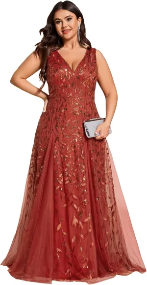 Ever-Pretty Plus Women's V Neck Sleeveless Embroidery A Line Plus Size Floor Length Evening Dresses 02130-DAPH