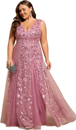 Ever-Pretty Plus Women's V Neck Sleeveless Embroidery A Line Plus Size Floor Length Evening Dresses 02130-DAPH