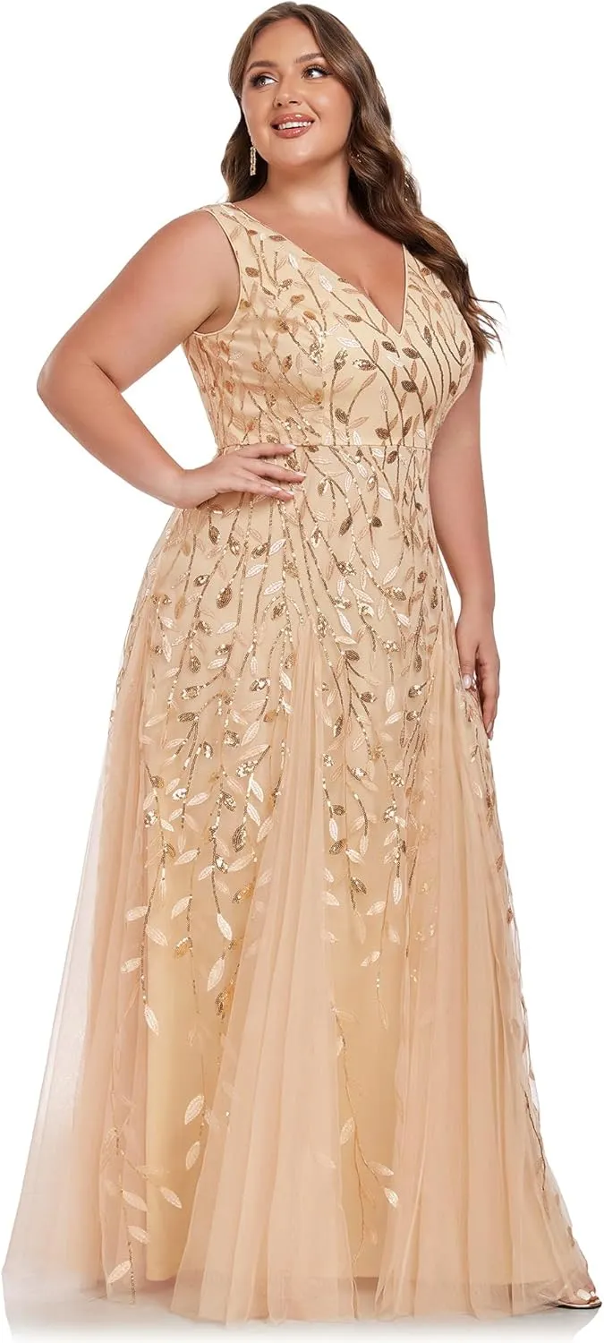 Ever-Pretty Plus Women's V Neck Sleeveless Embroidery A Line Plus Size Floor Length Evening Dresses 02130-DAPH