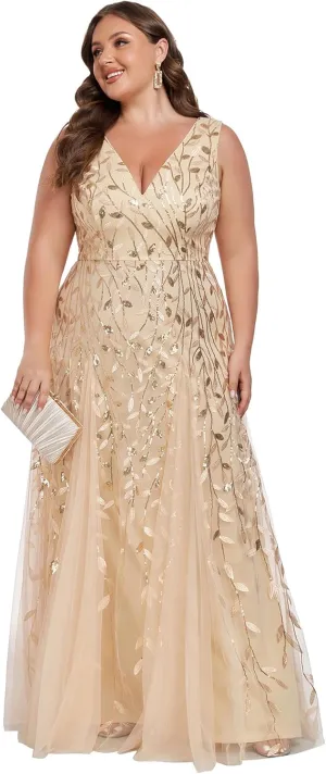 Ever-Pretty Plus Women's V Neck Sleeveless Embroidery A Line Plus Size Floor Length Evening Dresses 02130-DAPH
