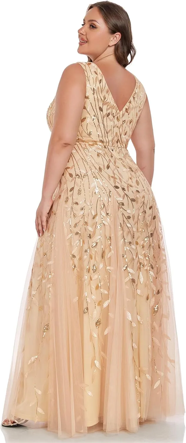 Ever-Pretty Plus Women's V Neck Sleeveless Embroidery A Line Plus Size Floor Length Evening Dresses 02130-DAPH