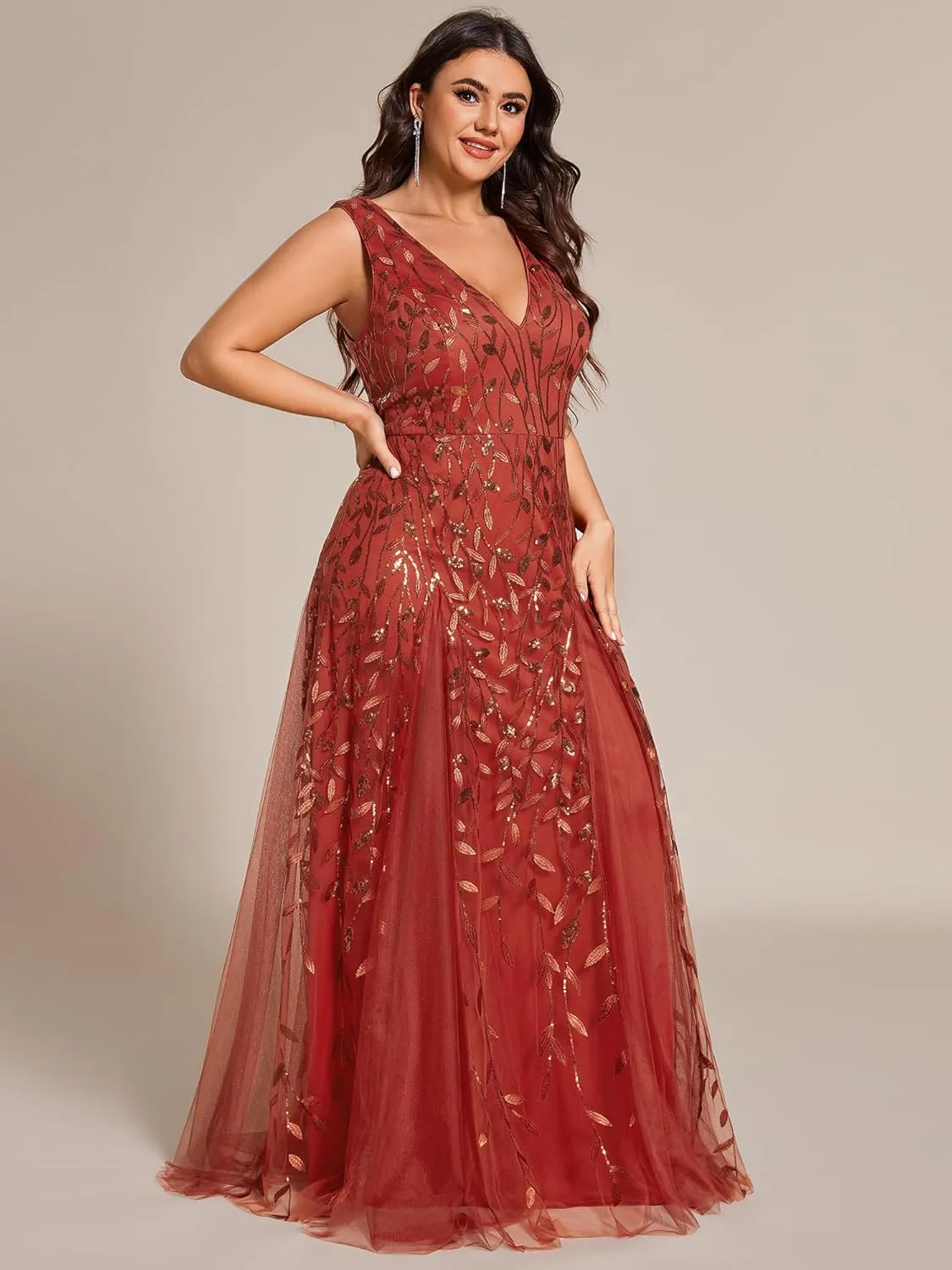 Ever-Pretty Plus Women's V Neck Sleeveless Embroidery A Line Plus Size Floor Length Evening Dresses 02130-DAPH