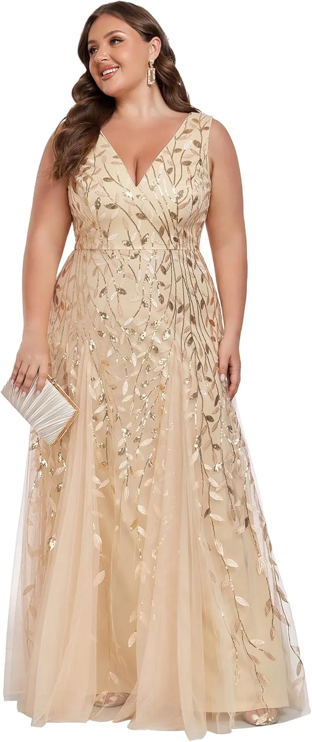 Ever-Pretty Plus Women's V Neck Sleeveless Embroidery A Line Plus Size Floor Length Evening Dresses 02130-DAPH
