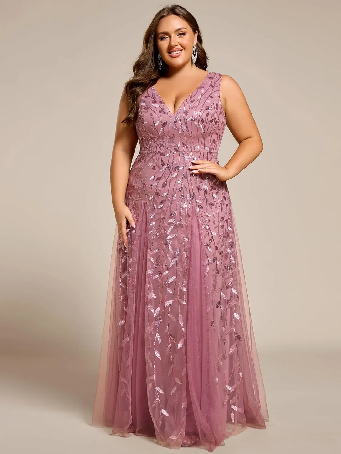 Ever-Pretty Plus Women's V Neck Sleeveless Embroidery A Line Plus Size Floor Length Evening Dresses 02130-DAPH