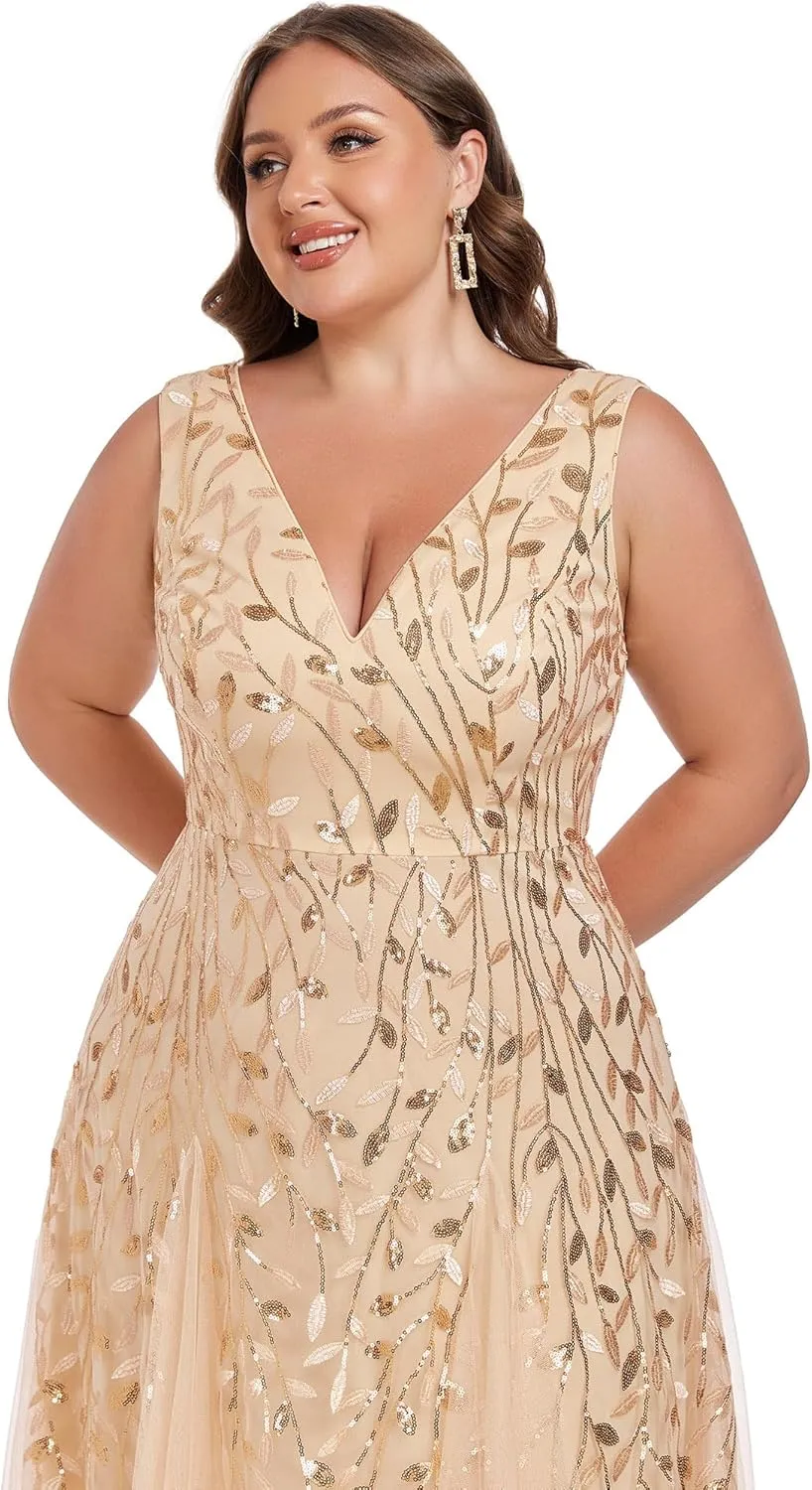 Ever-Pretty Plus Women's V Neck Sleeveless Embroidery A Line Plus Size Floor Length Evening Dresses 02130-DAPH