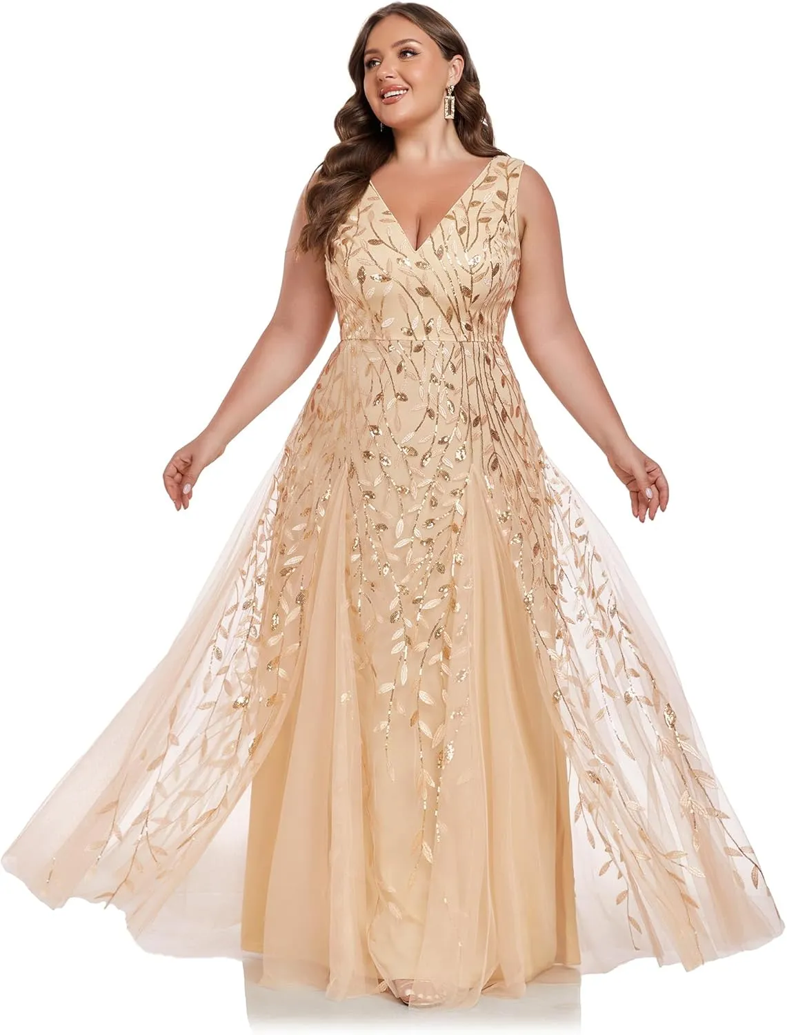 Ever-Pretty Plus Women's V Neck Sleeveless Embroidery A Line Plus Size Floor Length Evening Dresses 02130-DAPH