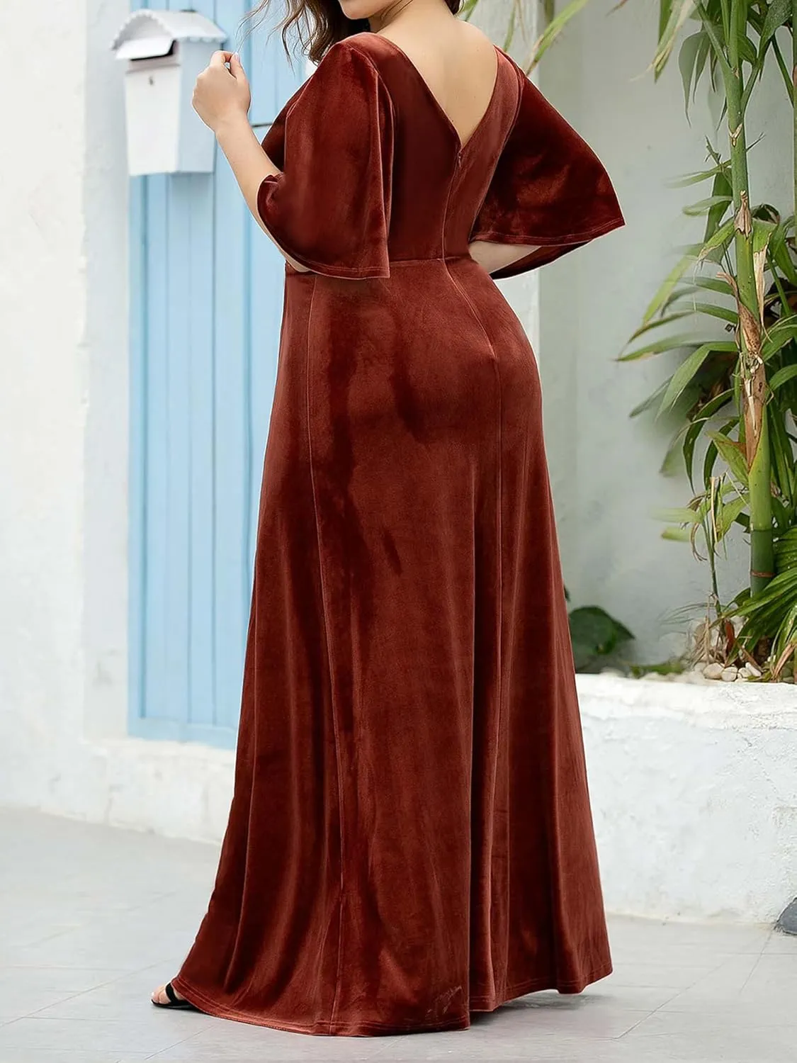 Ever-Pretty Plus Women's V Neck Velvet A Line Half Sleeves Floor Length Winter Plus Size Formal Evening Dresses 00861-DAPH