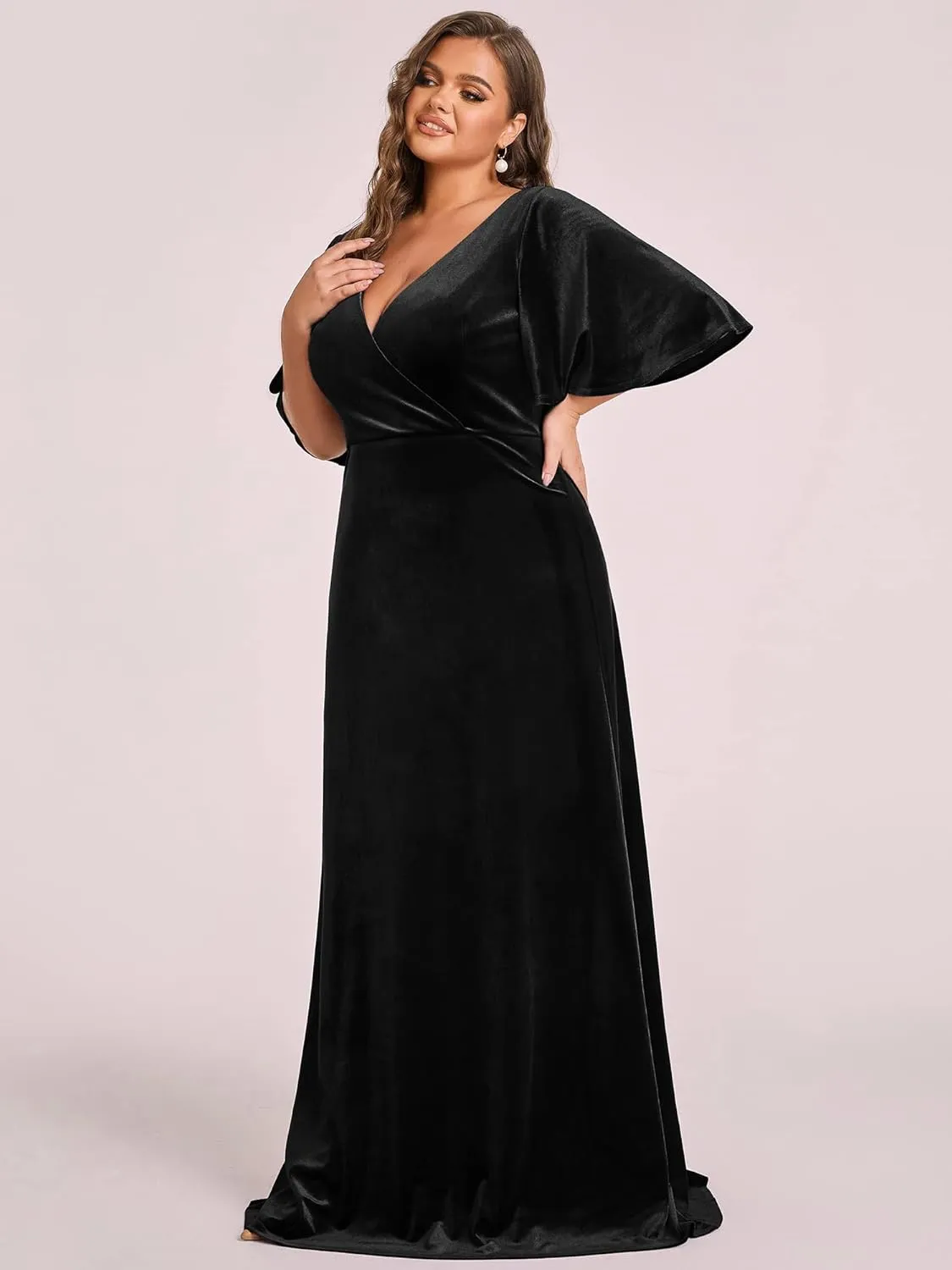 Ever-Pretty Plus Women's V Neck Velvet A Line Half Sleeves Floor Length Winter Plus Size Formal Evening Dresses 00861-DAPH