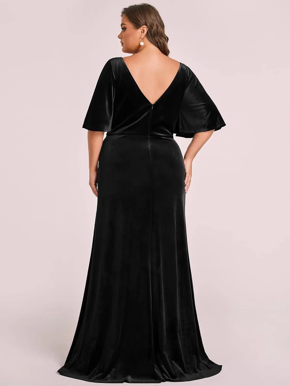 Ever-Pretty Plus Women's V Neck Velvet A Line Half Sleeves Floor Length Winter Plus Size Formal Evening Dresses 00861-DAPH