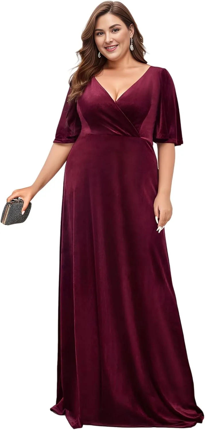 Ever-Pretty Plus Women's V Neck Velvet A Line Half Sleeves Floor Length Winter Plus Size Formal Evening Dresses 00861-DAPH