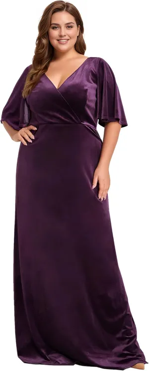 Ever-Pretty Plus Women's V Neck Velvet A Line Half Sleeves Floor Length Winter Plus Size Formal Evening Dresses 00861-DAPH