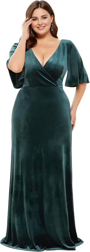 Ever-Pretty Plus Women's V Neck Velvet A Line Half Sleeves Floor Length Winter Plus Size Formal Evening Dresses 00861-DAPH
