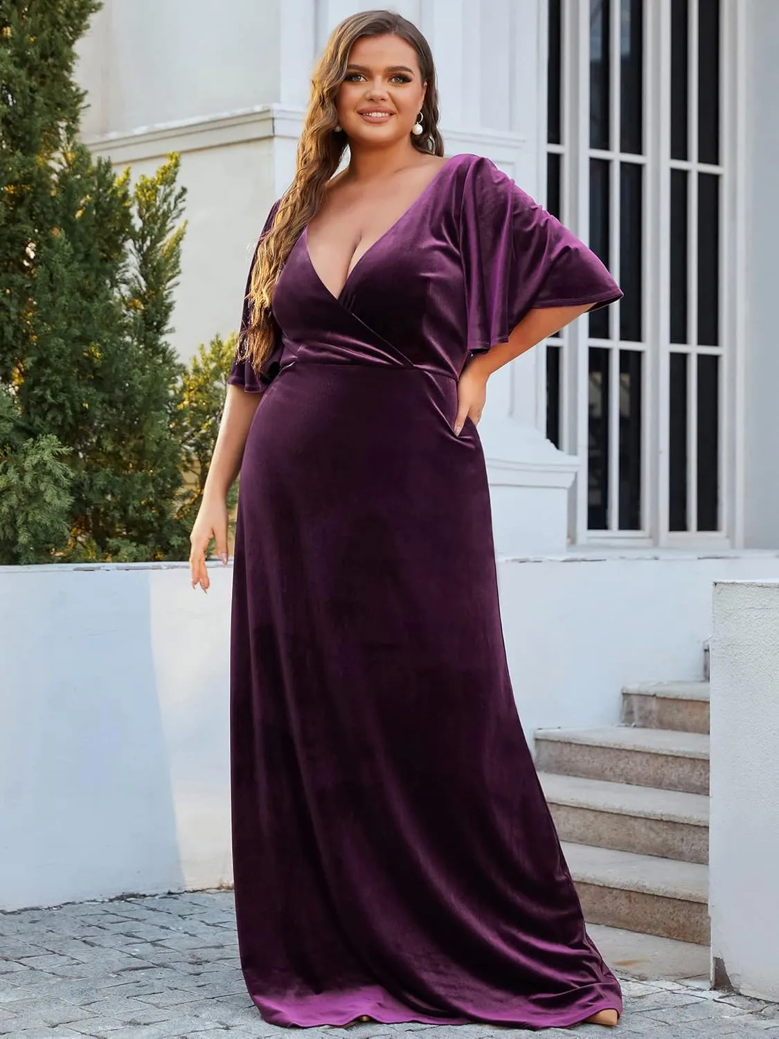 Ever-Pretty Plus Women's V Neck Velvet A Line Half Sleeves Floor Length Winter Plus Size Formal Evening Dresses 00861-DAPH
