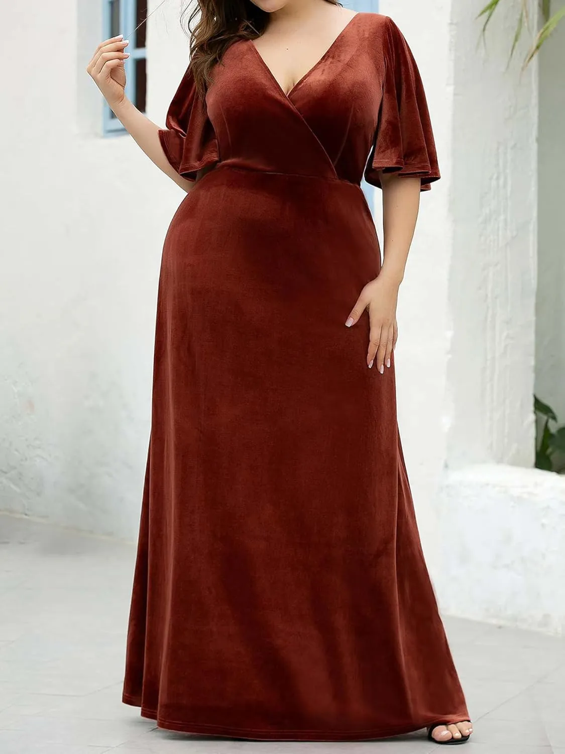 Ever-Pretty Plus Women's V Neck Velvet A Line Half Sleeves Floor Length Winter Plus Size Formal Evening Dresses 00861-DAPH