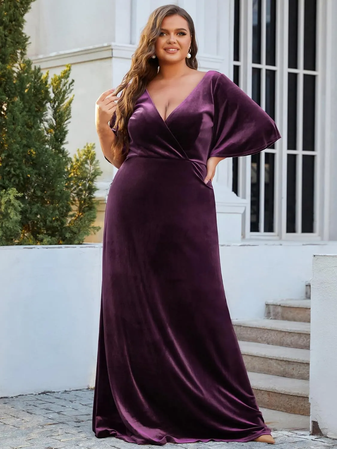 Ever-Pretty Plus Women's V Neck Velvet A Line Half Sleeves Floor Length Winter Plus Size Formal Evening Dresses 00861-DAPH