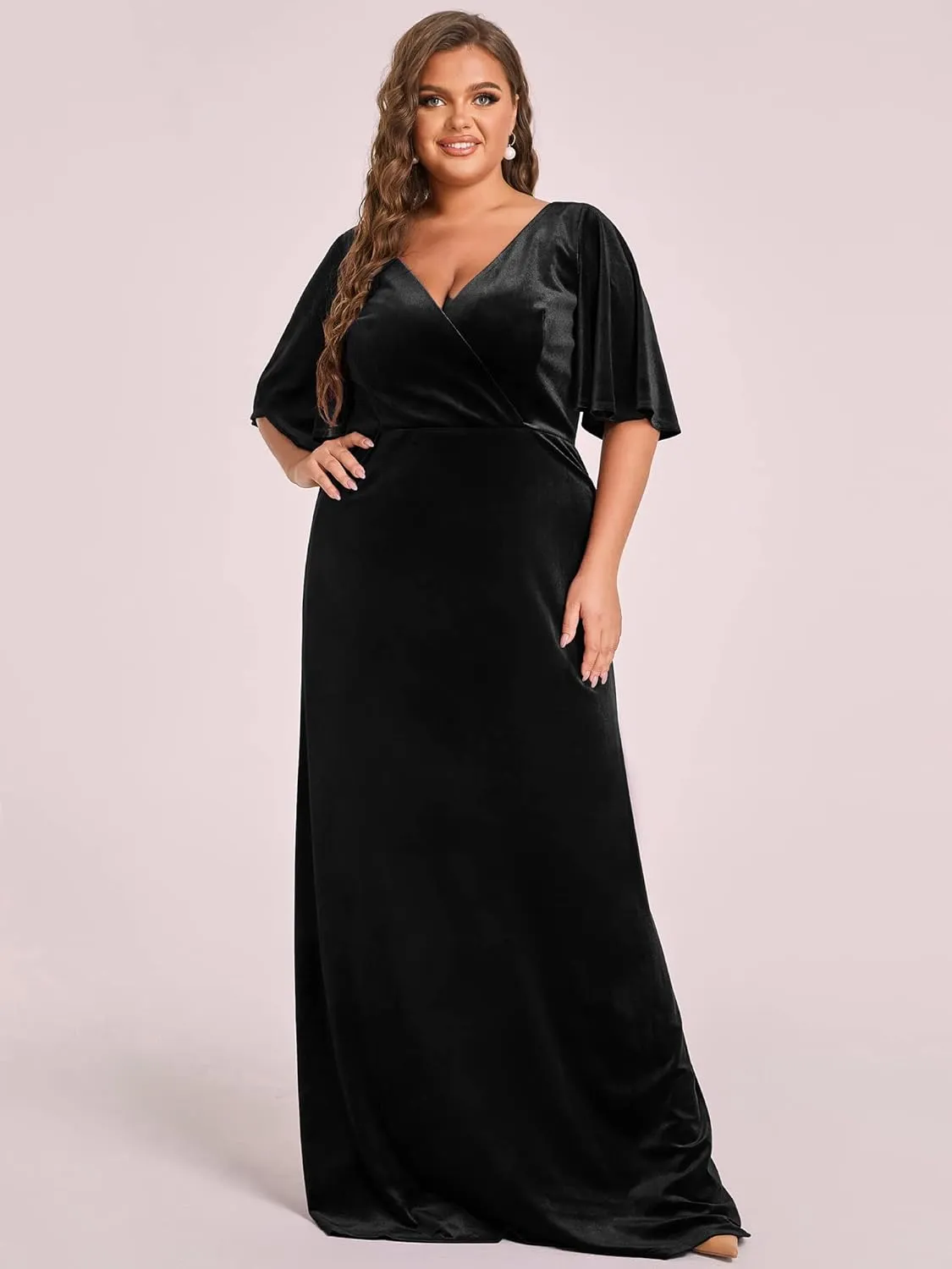 Ever-Pretty Plus Women's V Neck Velvet A Line Half Sleeves Floor Length Winter Plus Size Formal Evening Dresses 00861-DAPH