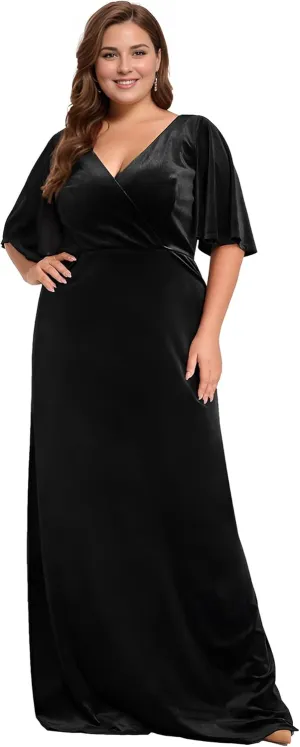 Ever-Pretty Plus Women's V Neck Velvet A Line Half Sleeves Floor Length Winter Plus Size Formal Evening Dresses 00861-DAPH