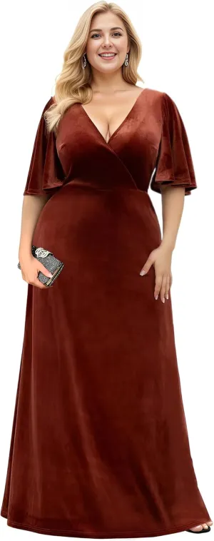 Ever-Pretty Plus Women's V Neck Velvet A Line Half Sleeves Floor Length Winter Plus Size Formal Evening Dresses 00861-DAPH