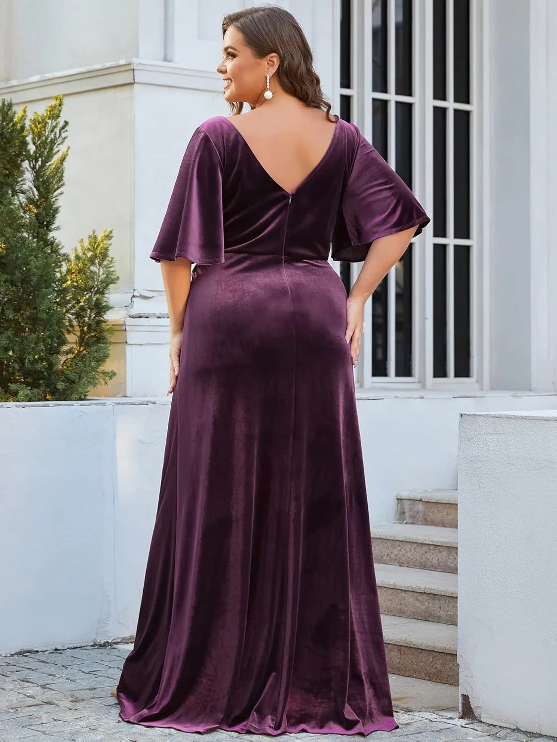 Ever-Pretty Plus Women's V Neck Velvet A Line Half Sleeves Floor Length Winter Plus Size Formal Evening Dresses 00861-DAPH