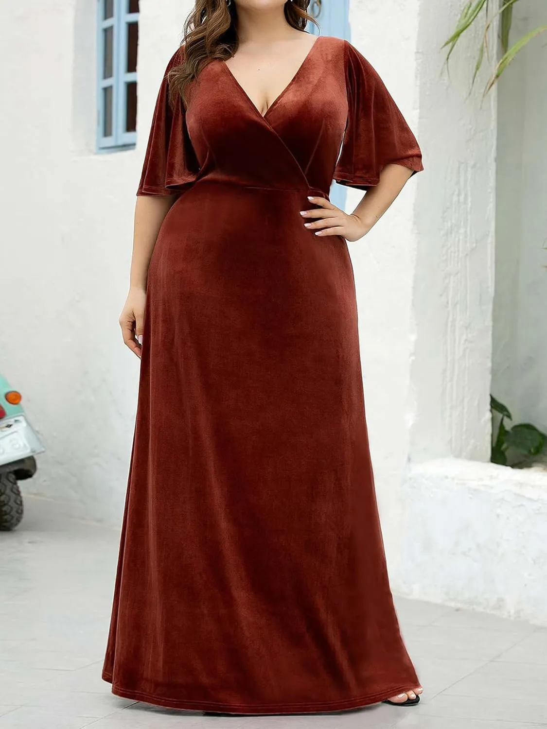 Ever-Pretty Plus Women's V Neck Velvet A Line Half Sleeves Floor Length Winter Plus Size Formal Evening Dresses 00861-DAPH
