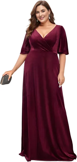 Ever-Pretty Plus Women's V Neck Velvet A Line Half Sleeves Floor Length Winter Plus Size Formal Evening Dresses 00861-DAPH