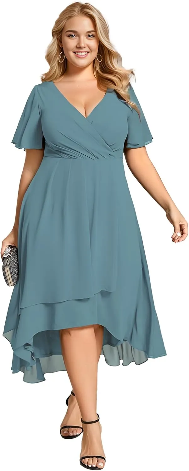 Ever-Pretty Women's A Line Curvy Pleated Chiffon Plus Size Semi Formal Dress
