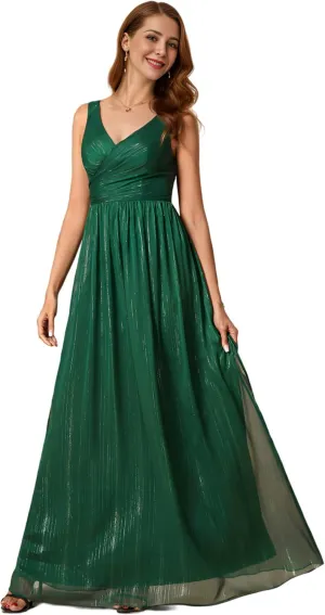 Ever-Pretty Women's A Line Glitter Sleeveless Pleated V Neck Maxi Formal Dress 02096