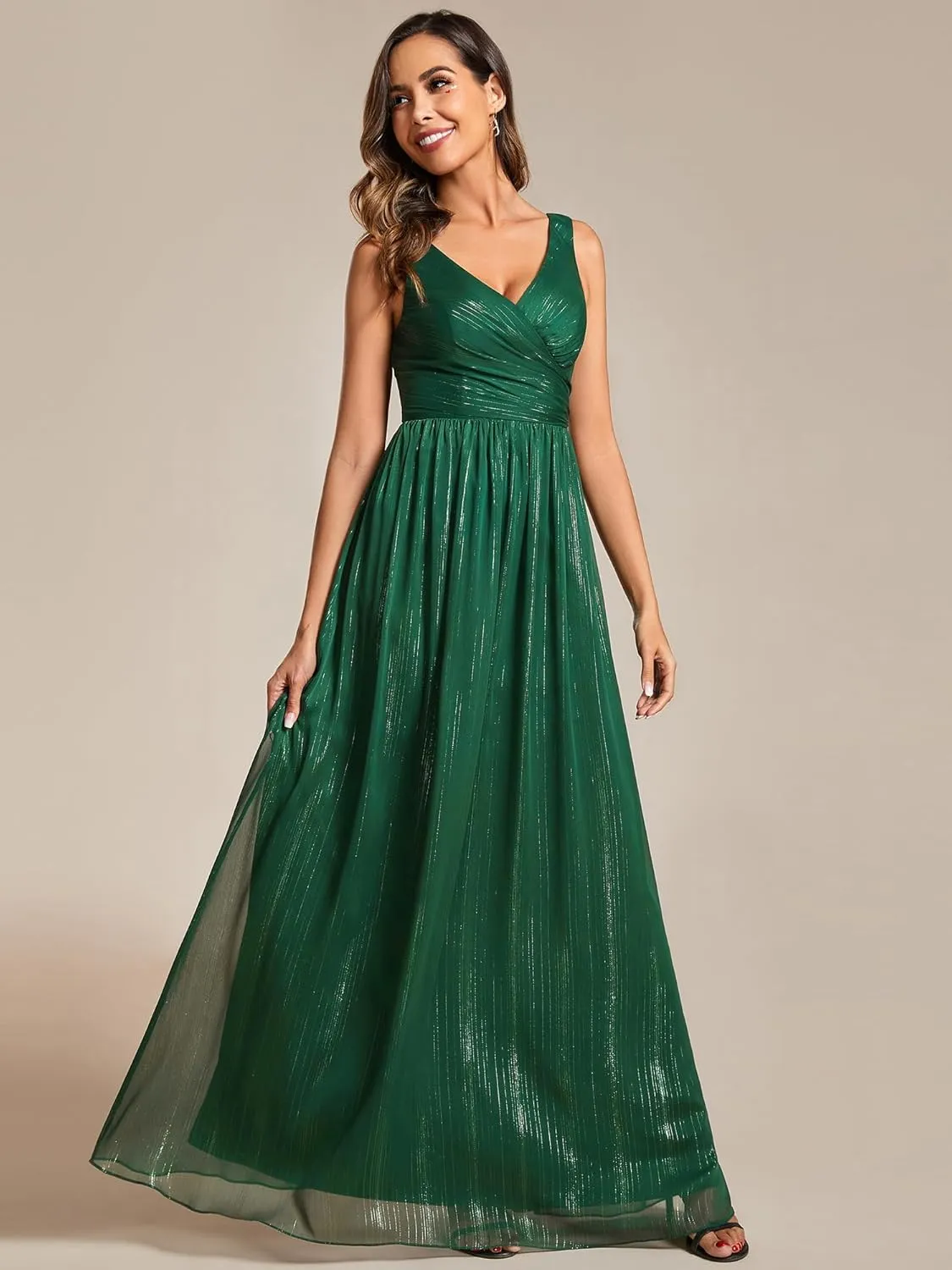 Ever-Pretty Women's A Line Glitter Sleeveless Pleated V Neck Maxi Formal Dress 02096