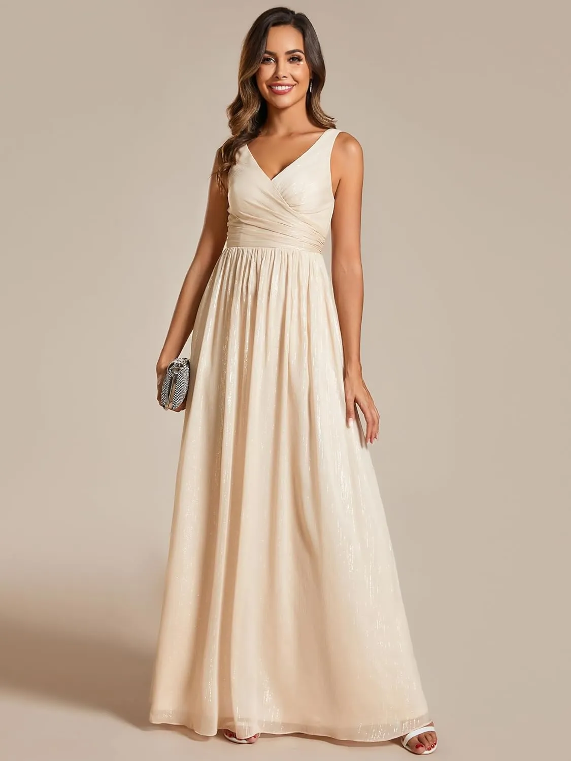 Ever-Pretty Women's A Line Glitter Sleeveless Pleated V Neck Maxi Formal Dress 02096